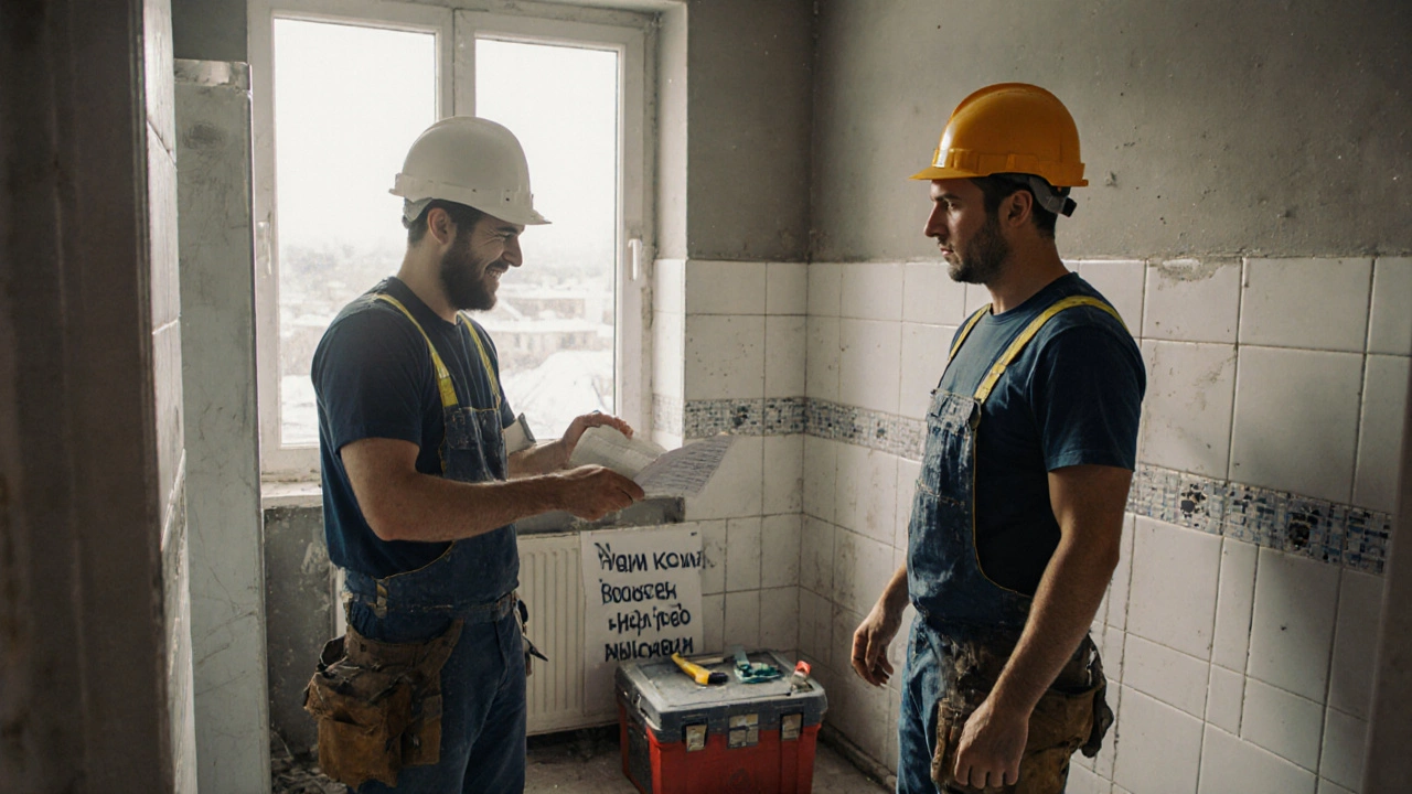 Бригада показывает клиенту законченный ремонт в ванной без документов и смет.