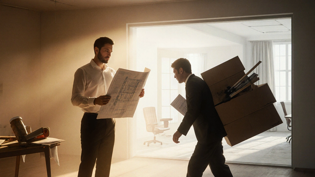 Дизайнер в светлом кабинете, клиент за ним несёт тяжелый груз строительных и бюрократических задач.