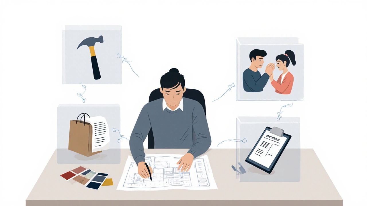 Дизайнер за столом с образцами материалов, вокруг — символы задач, не входящих в его обязанности.