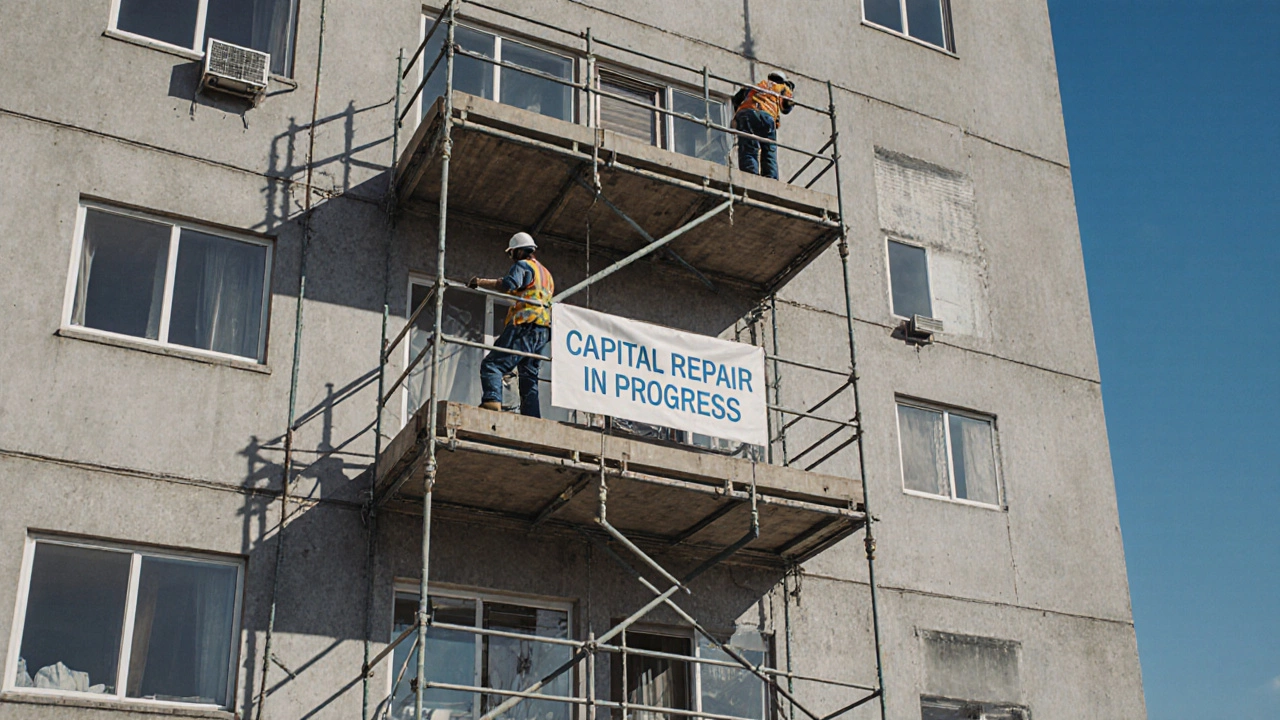 Фасад старого панельного дома с установленными новыми окнами и строительными лесами, знак 'Капитальный ремонт'.