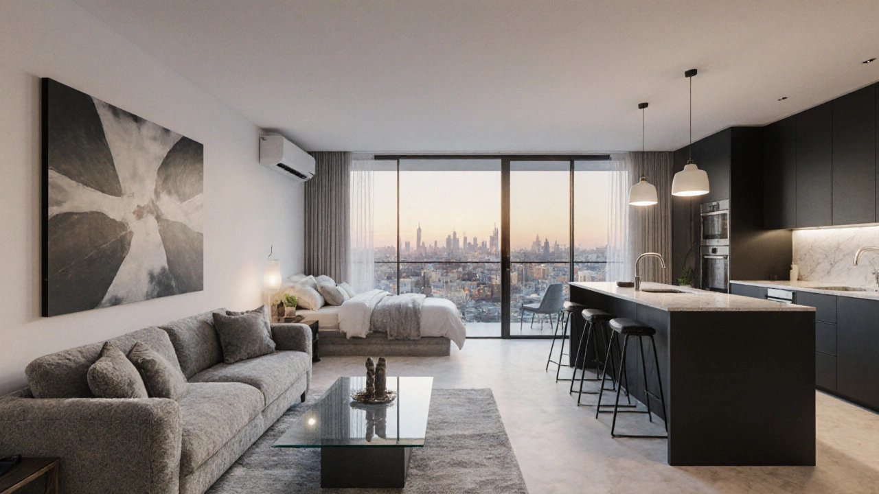 Готовый дизайн квартиры 60 м²: светлая гостиная, кухня и спальня в современном стиле.