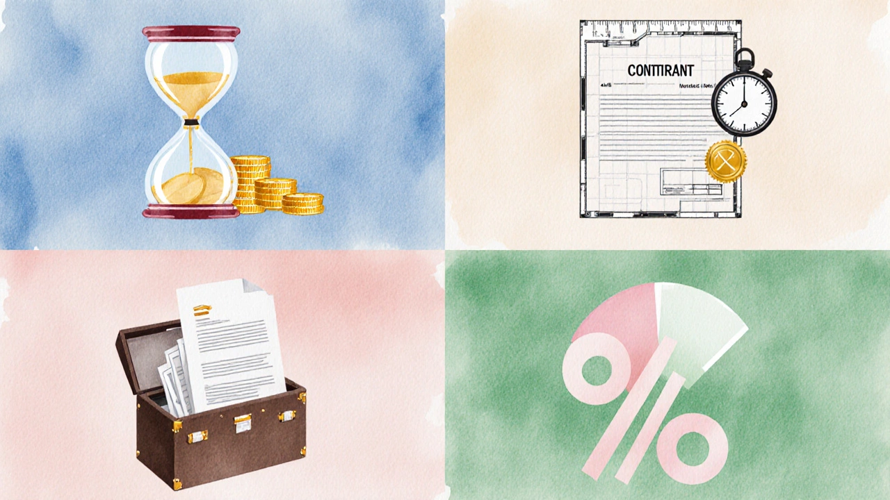 Иллюстрация четырёх моделей оплаты дизайна: почасовая, за м², фиксированная и процент от бюджета.