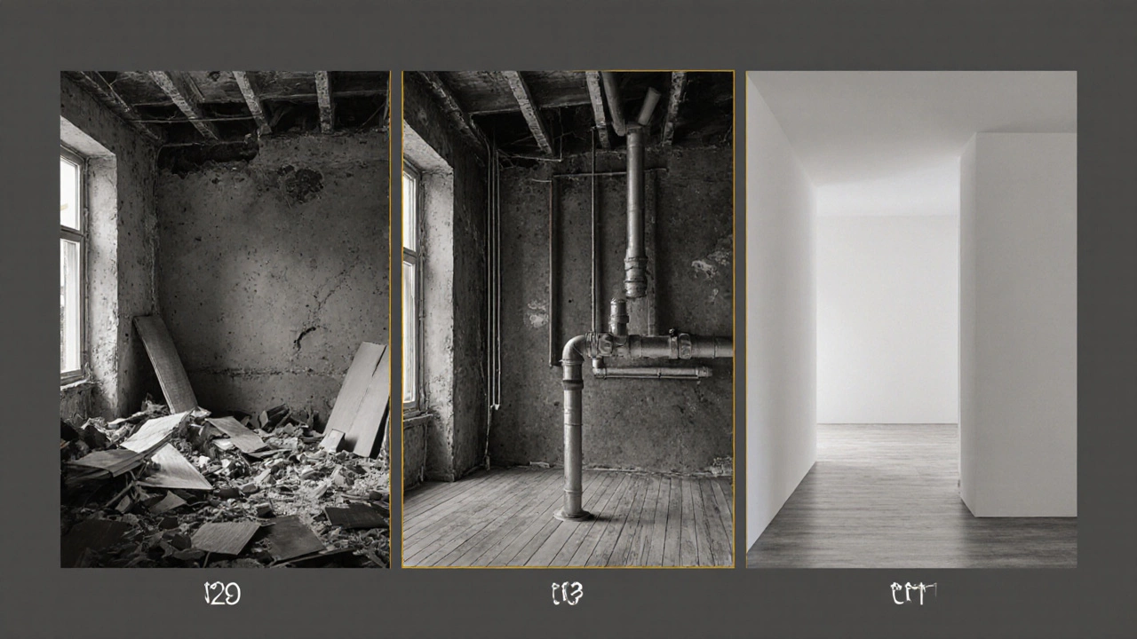 Концептуальная схема этапов евроремонта однушки: демонтаж, инженерные работы и финишная отделка.