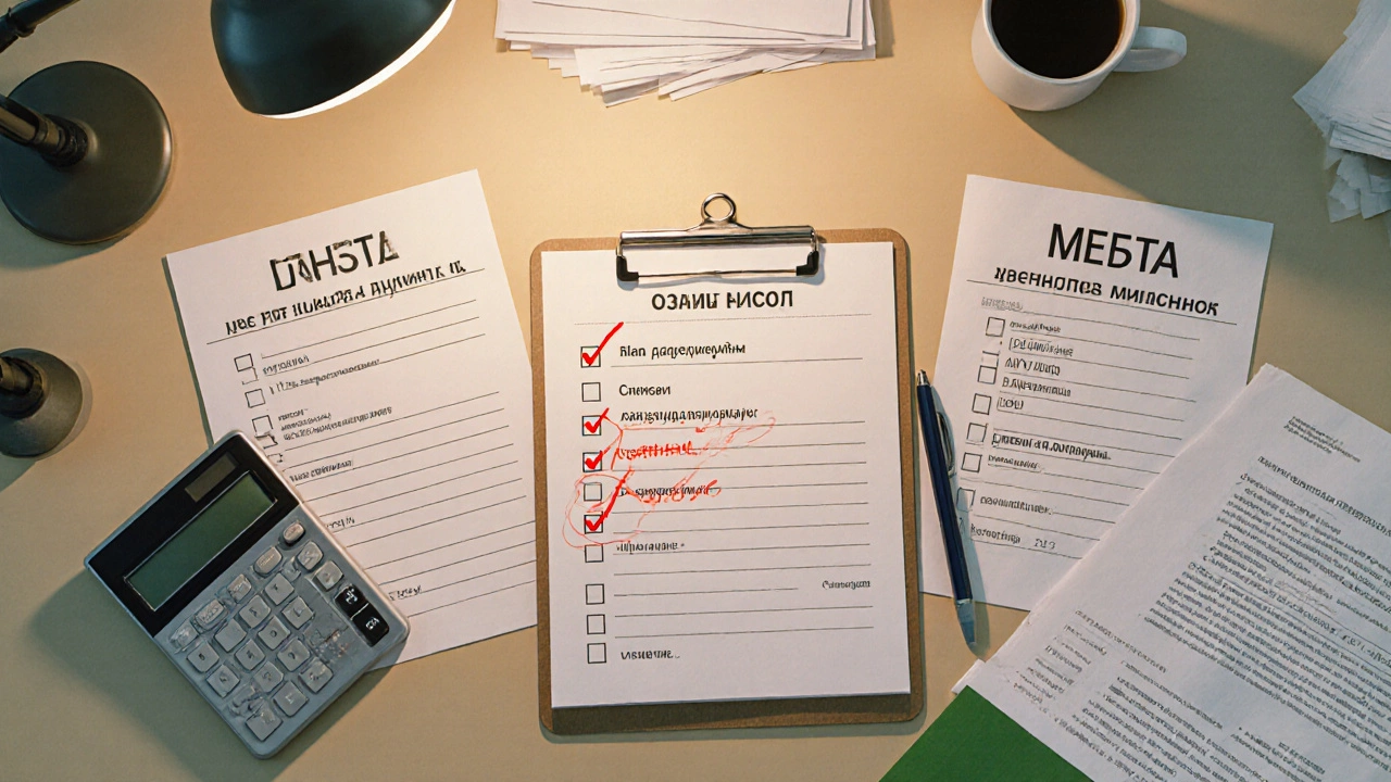 На столе три печатные сметы, чек‑лист, калькулятор и помеченные ошибки для проверки.