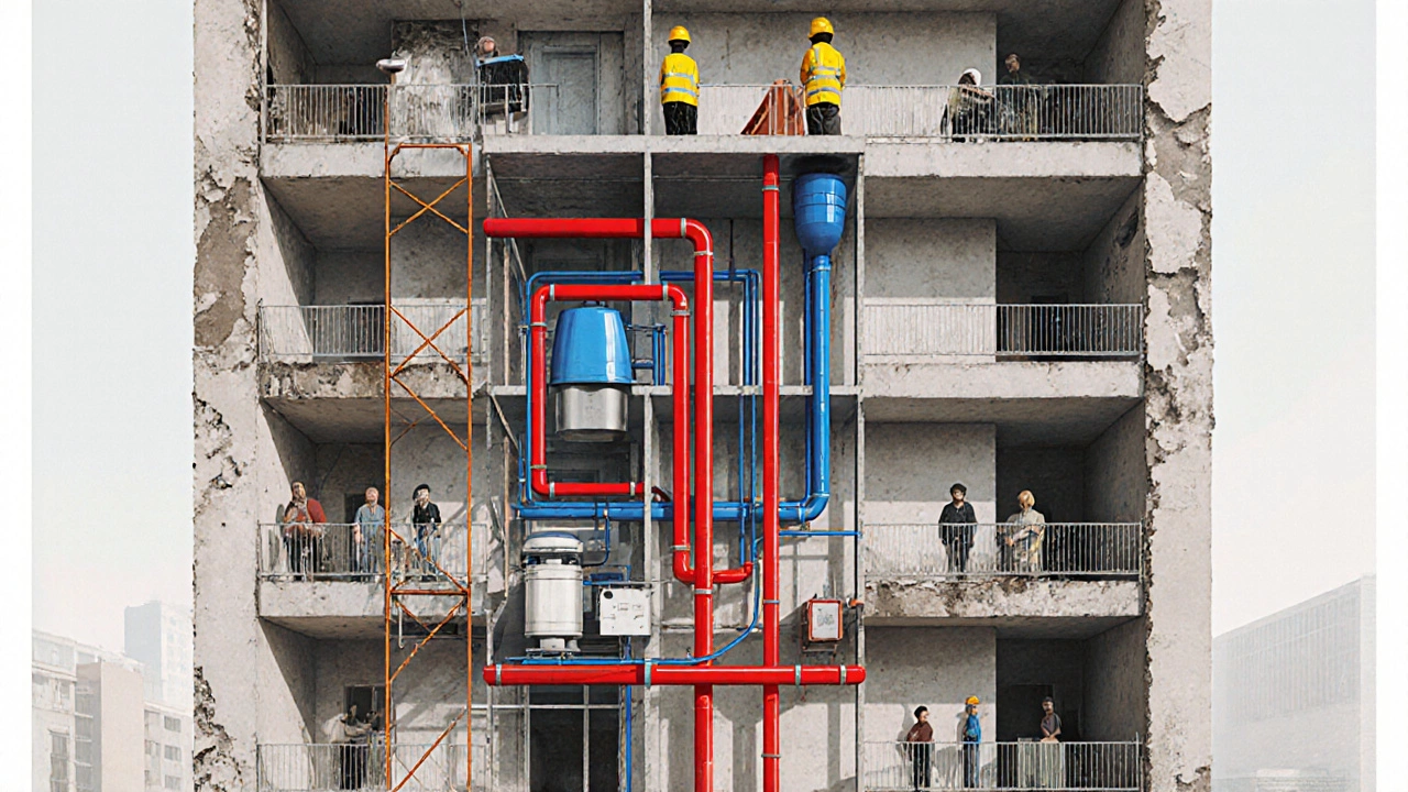 Разрез многоквартирного дома с показом замены инженерных систем: водопровода, отопления и электропроводки на современные.