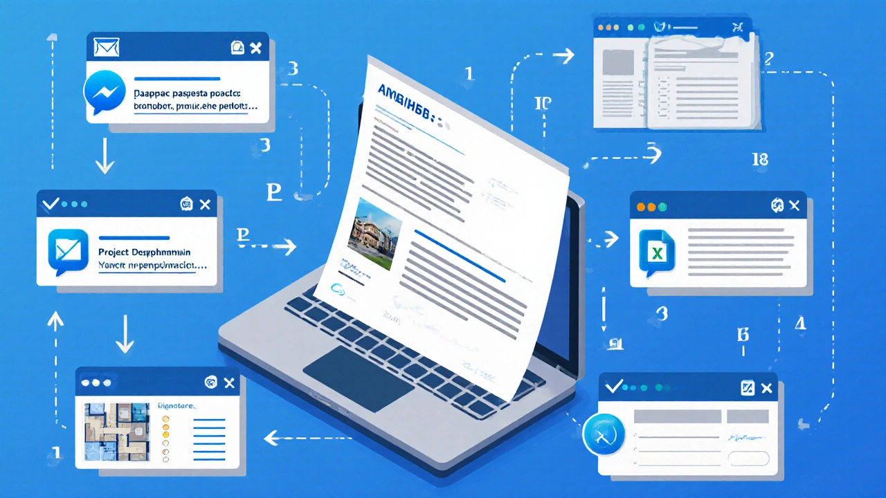Схема из шести шагов написания запроса сметы, показывающая письмо, заголовок и детали.