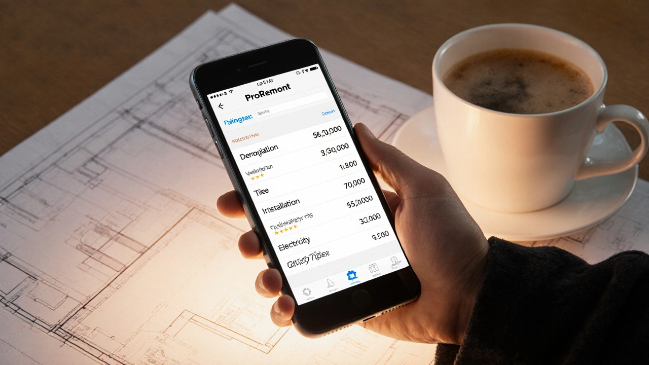 Смартфон с приложением для расчета бюджета ремонта квартиры в Владивостоке.