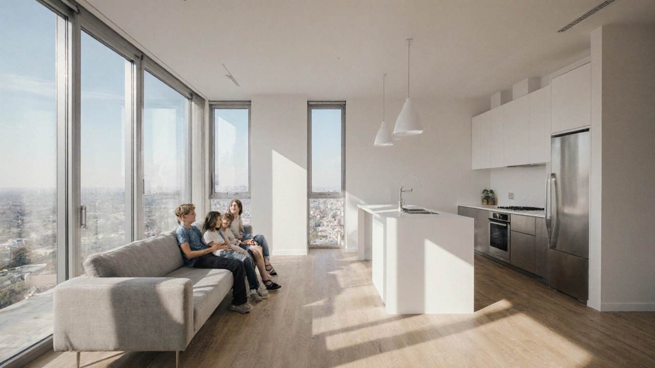 Современный светлый апартамент после капитального ремонта, семья наслаждается.