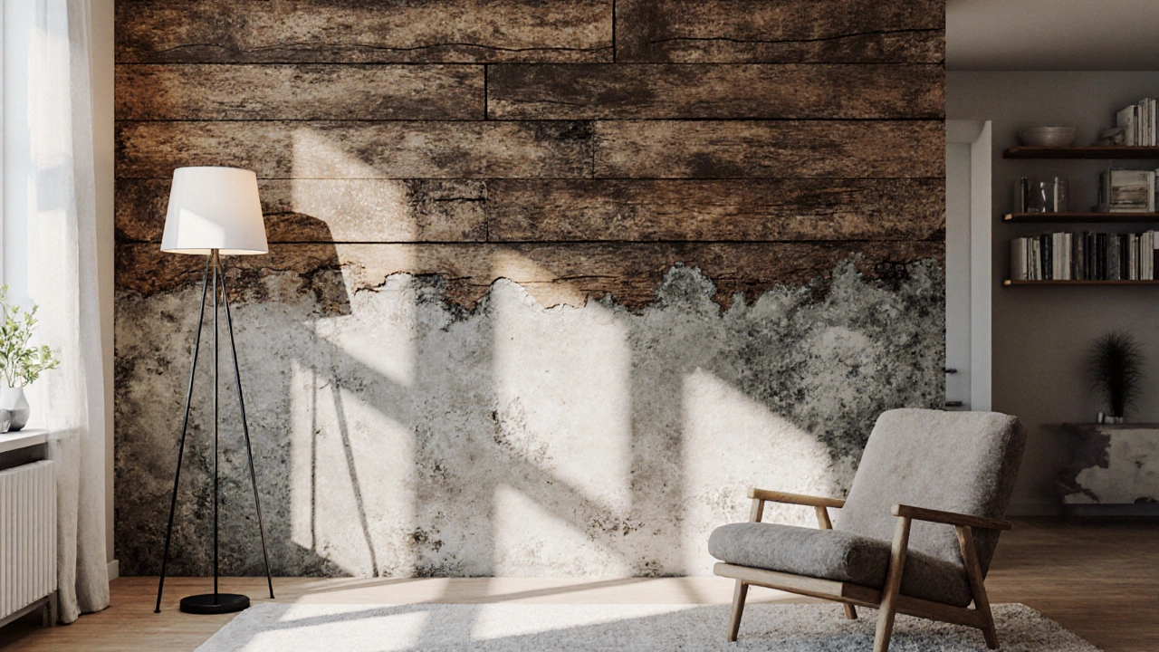 Декоративные панели под дерево и бетон на стене, уютная атмосфера гостиной.