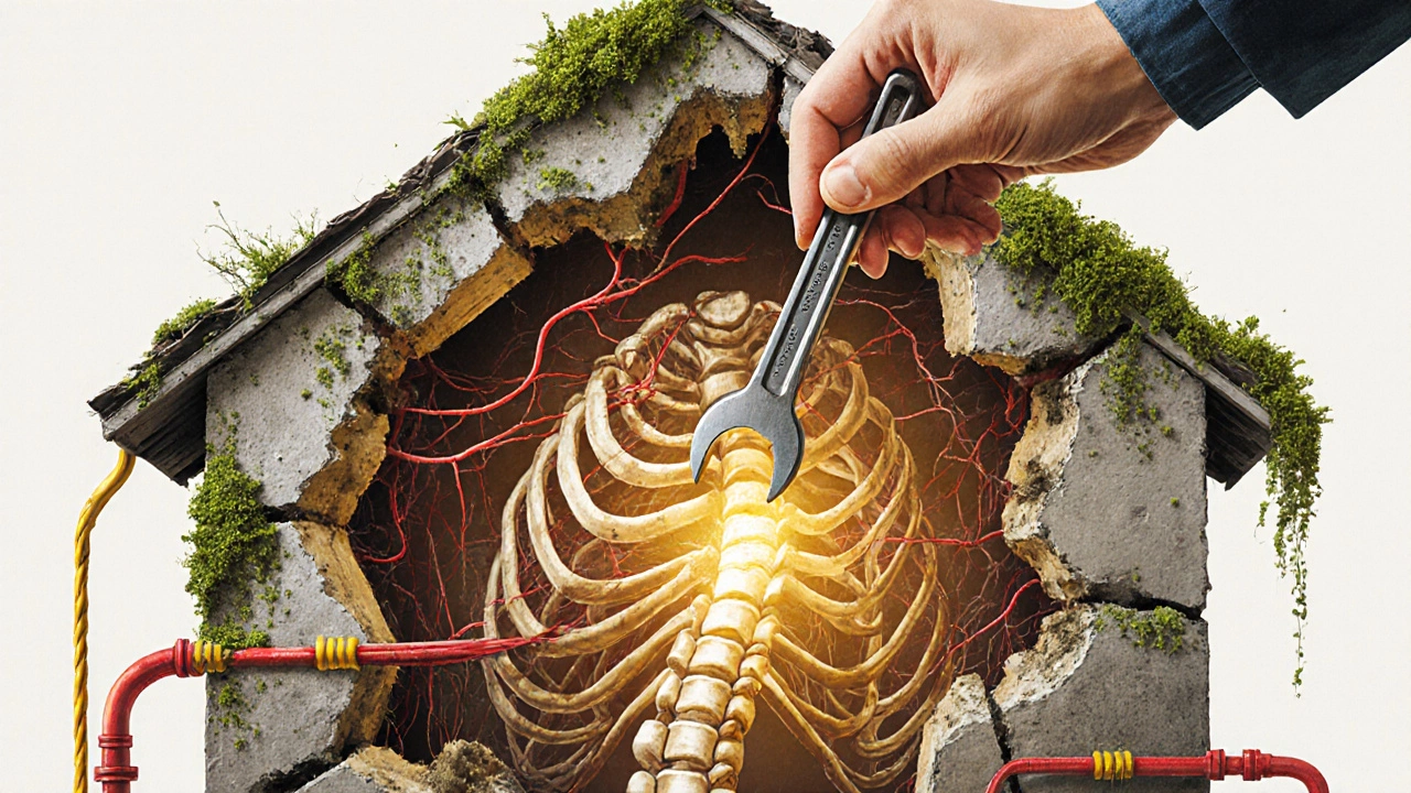 Дом как живое существо с поврежденными трубами и проводами, рука вставляет стальную опору для восстановления.