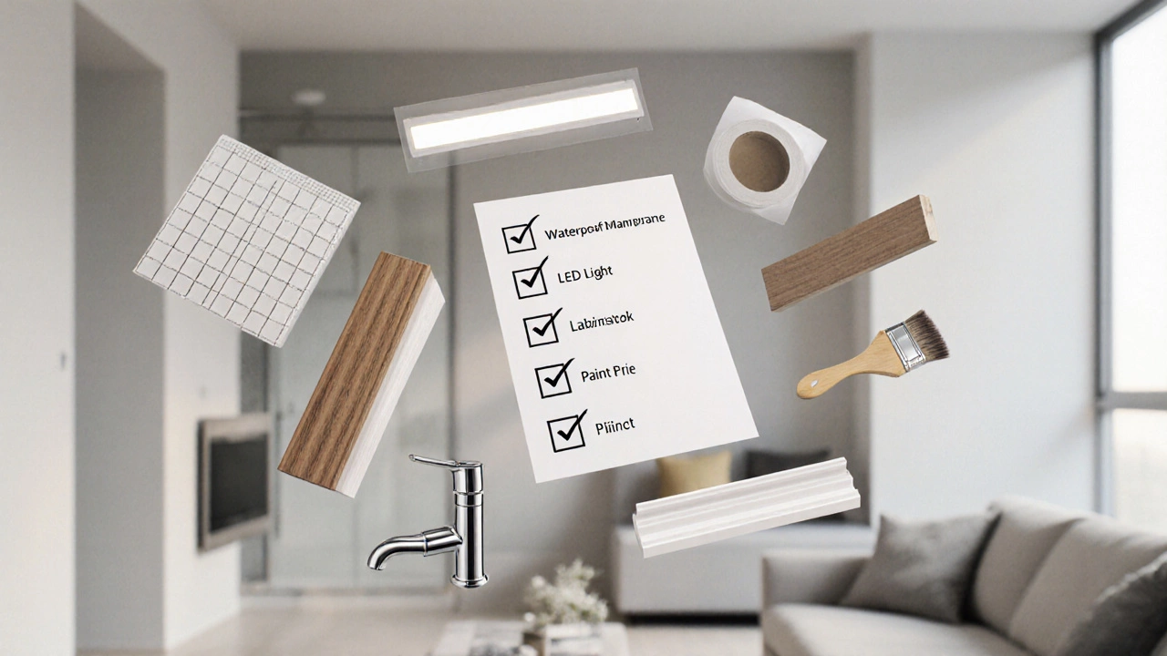 Элементы внутренней отделки: плитка, мембрана, светодиодная лента, ламинат — парящие в воздухе.