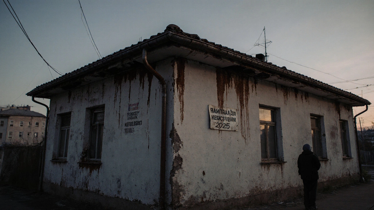 Фасад старого панельного дома с поврежденной крышей и отслаивающейся штукатуркой, вечерний свет.