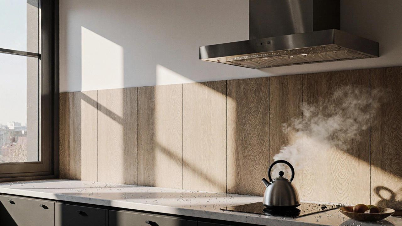 Кухонная стена с ПВХ-панелями под дерево, слегка выцветшими от солнца, с паром от чайника.