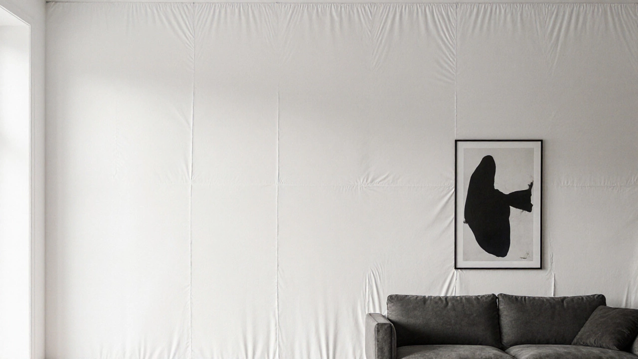 Натяжная тканевая стена без швов, минималистичный скандинавский интерьер.