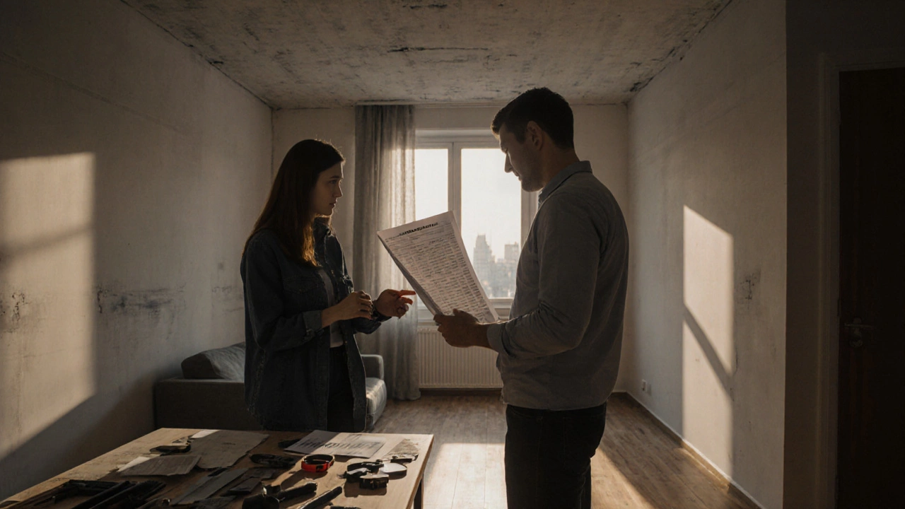 Ремонтная бригада обсуждает смету с клиентом в готовой квартире, на столе распечатанная смета и образцы материалов.