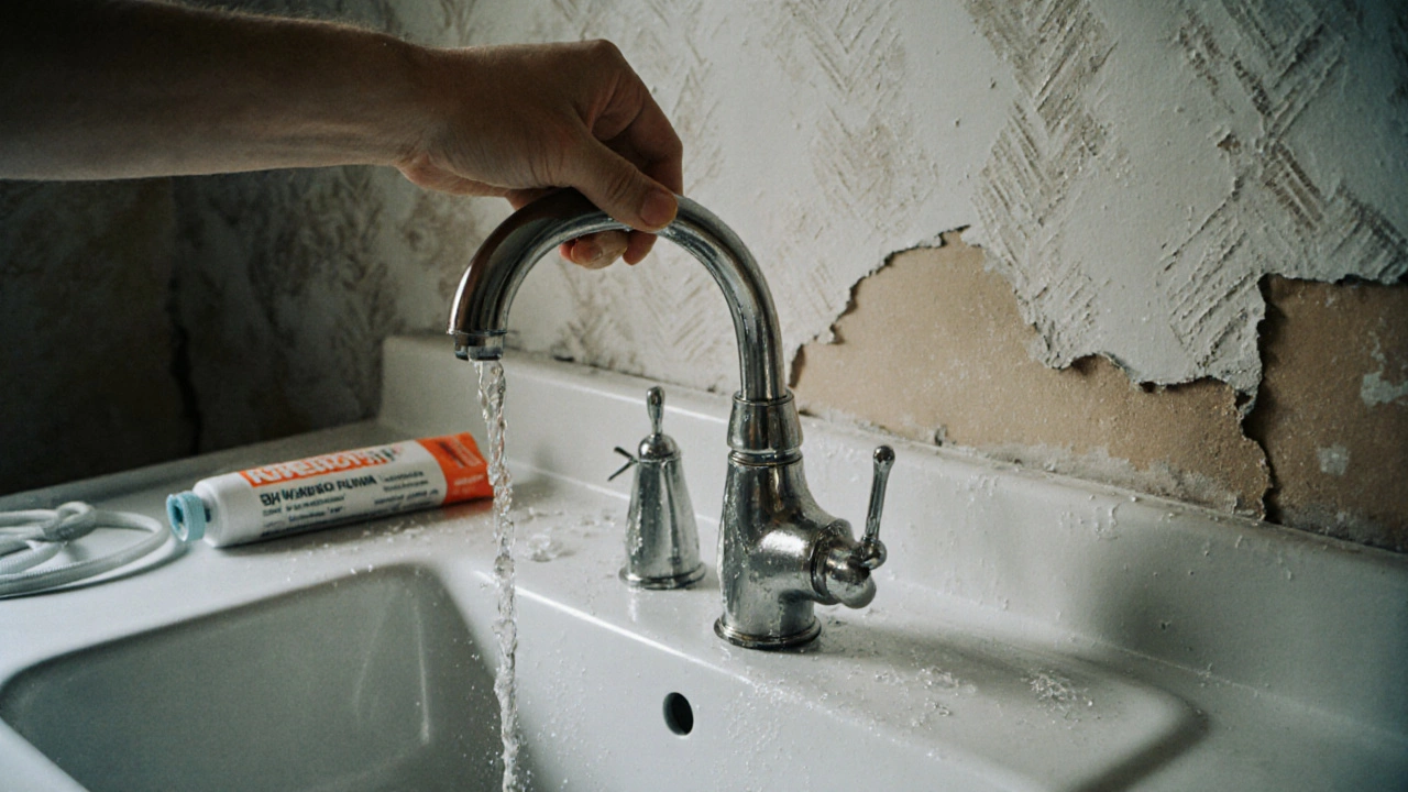 Рука заменяет протекающий кран на кухне, рядом лежат новые шланги и герметик.