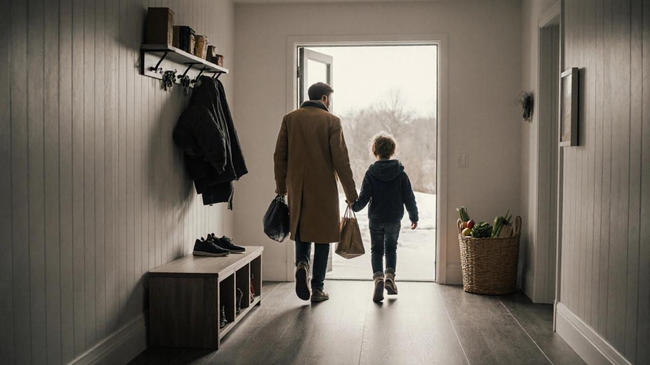 Семья легко заходит в дом, оставляя вещи в организованной прихожей.
