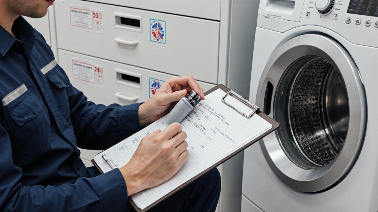 Сервисный инженер диагностирует стиральную машину с помощью планшета.