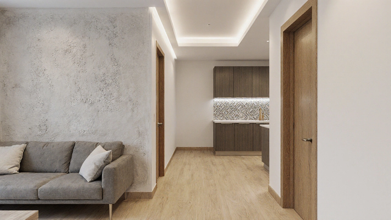 Современная гостиная с матовыми стенами, ламинатом и скрытой подсветкой потолка.