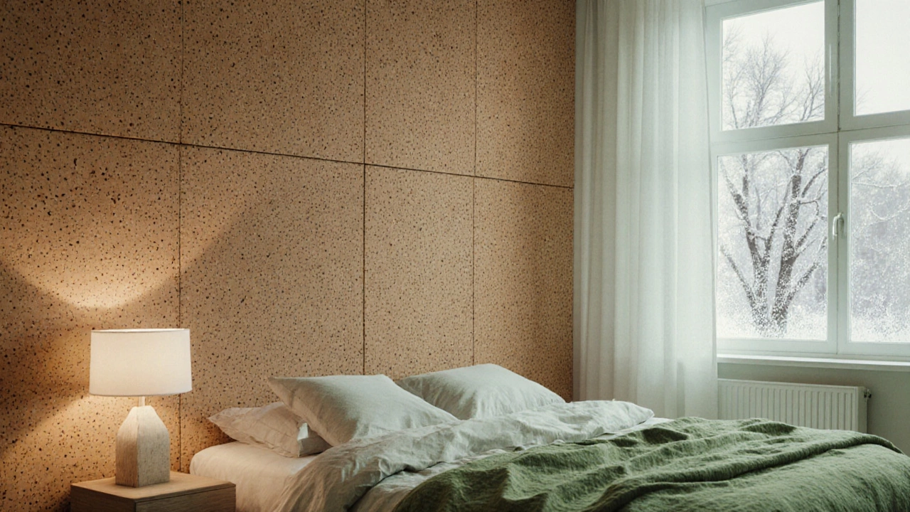 Спальня со стеной из пробковых панелей, мягкий свет и акустическая текстура, видна зимняя оконная рама.
