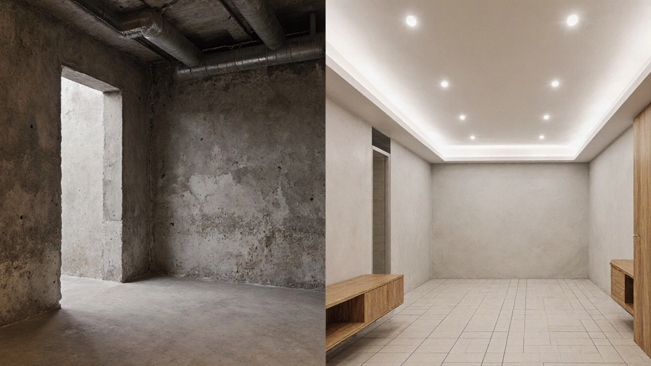 Сравнение сырой стены и отделанной: текстурированная штукатурка, скрытая подсветка и керамическая плитка на полу.