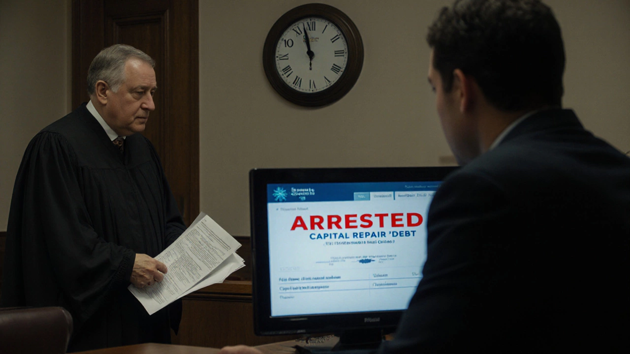 Судебное заседание, где представлены доказательства недавнего ремонта дома, а на экране — арест счета.