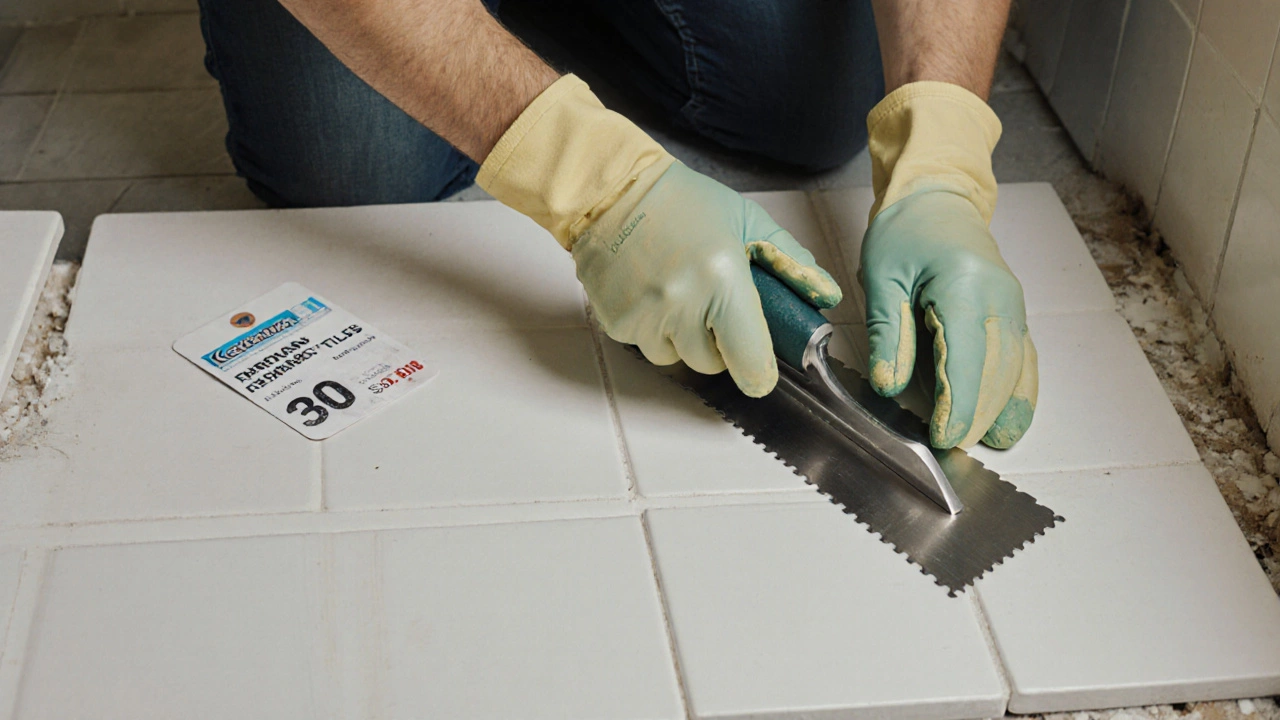 Установка недорогой керамической плитки в ванной комнате с инструментами и упаковкой.