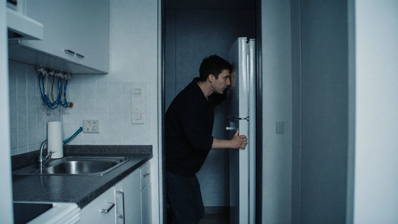 Житель маленькой квартиры в Владивостоке не может открыть холодильник из-за двери ванной.