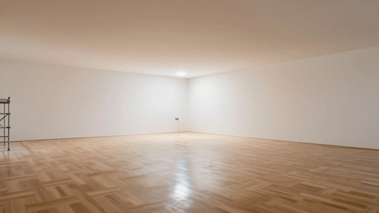 Идеально чистый натяжной потолок и ламинат, стены покрашены — завершенный ремонт по правильному порядку.