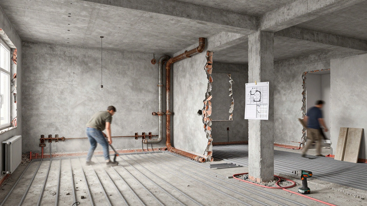 Капитальный ремонт: обнажённые трубы и укладка тёплого пола в разобранной квартире.