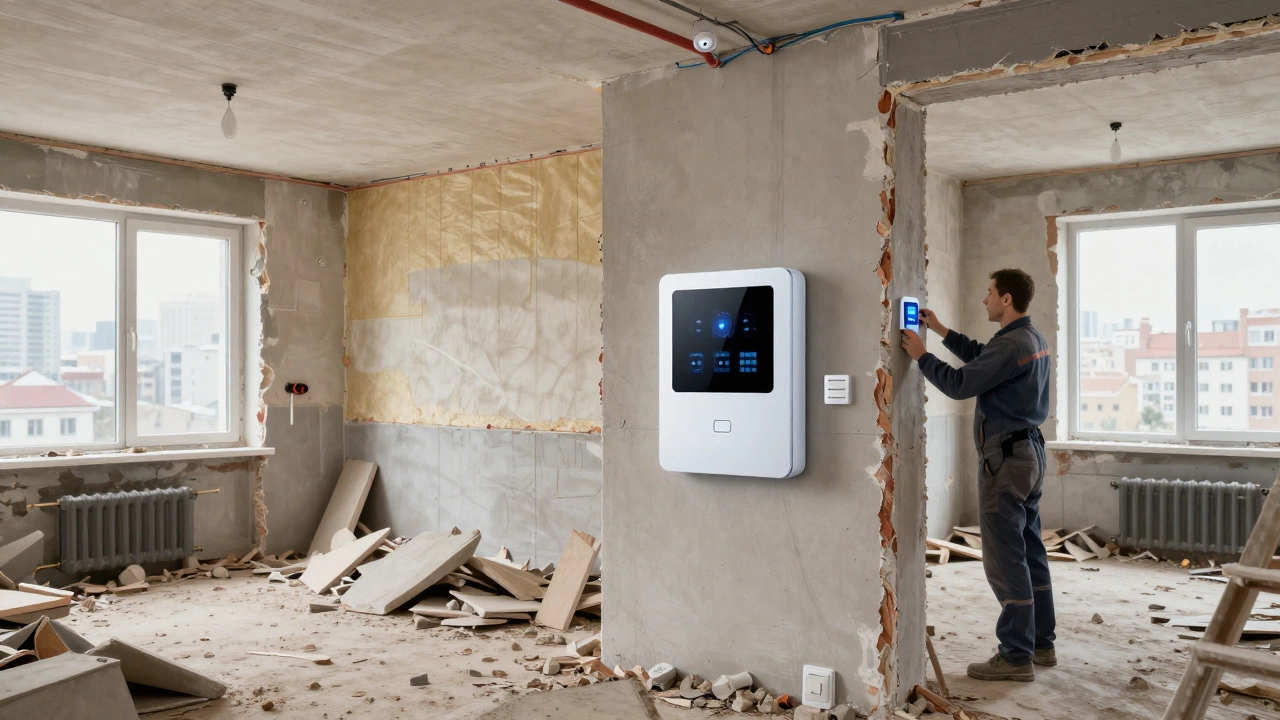 Капитальный ремонт с умным домом: видны изоляция, проводка и датчики автоматизации в процессе монтажа.