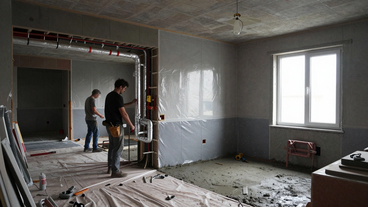 Капитальный ремонт в панельном доме: рабочие удаляют старые трубы и провода, видна стяжка пола.