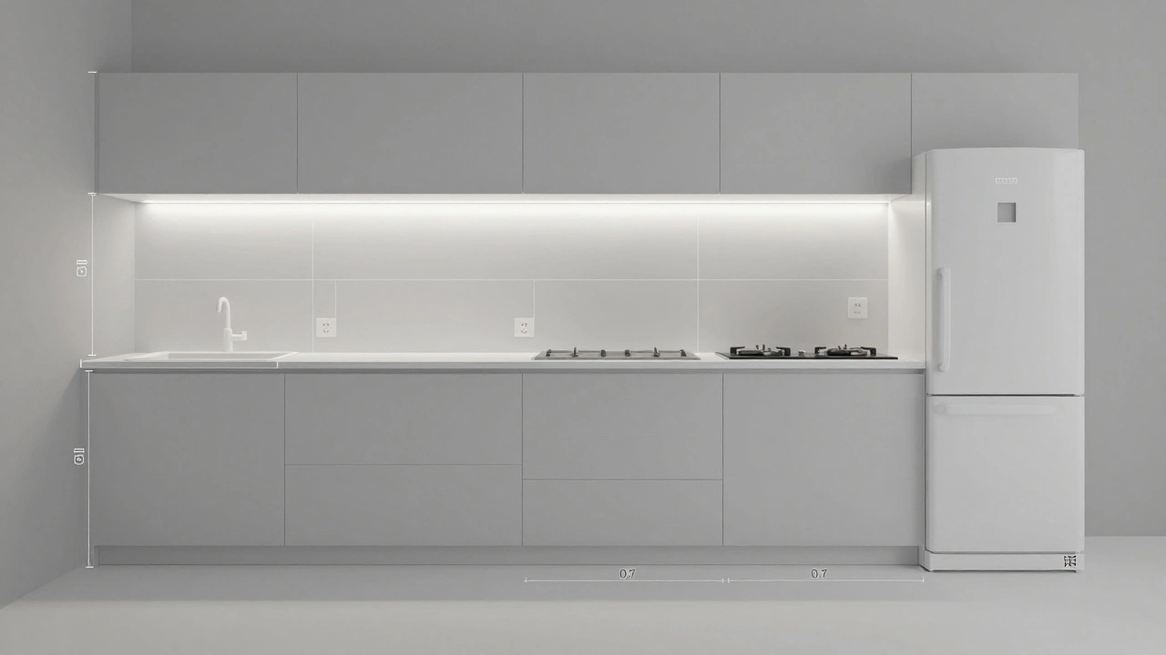 Надвид на современную кухню с точными разметками плитки, розеток и скрытой подсветки.