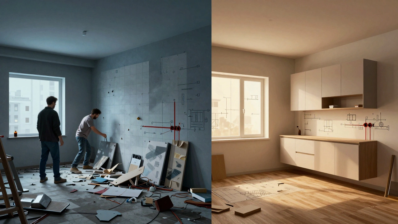 Разделенная квартира: слева — хаос ремонта, справа — точная реализация дизайн-проекта.
