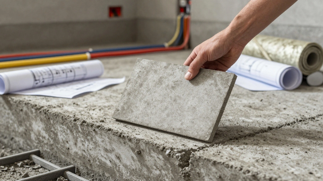 Рука укладывает плитку на стяжку, вокруг — схемы, трубы и кабели, символизирующие скрытые работы.