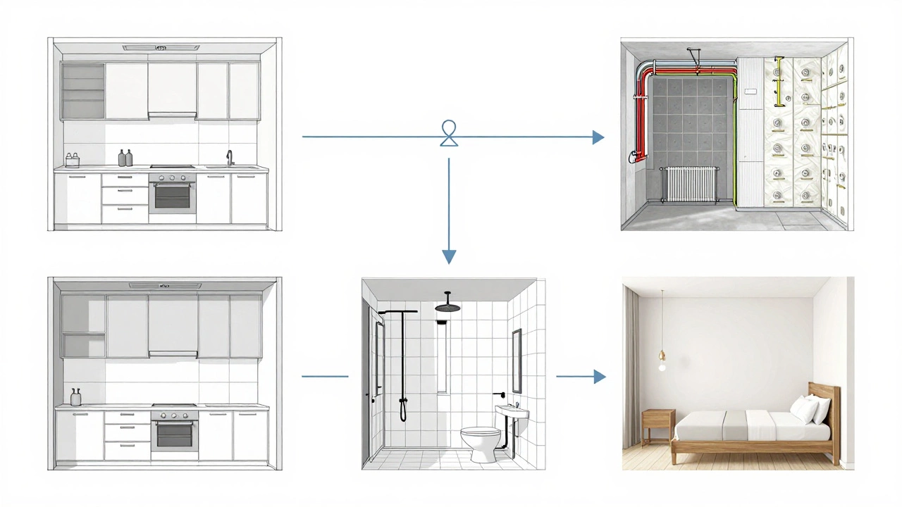Схема поэтапного ремонта: сначала инженерные системы, потом отделка комнат по очереди.