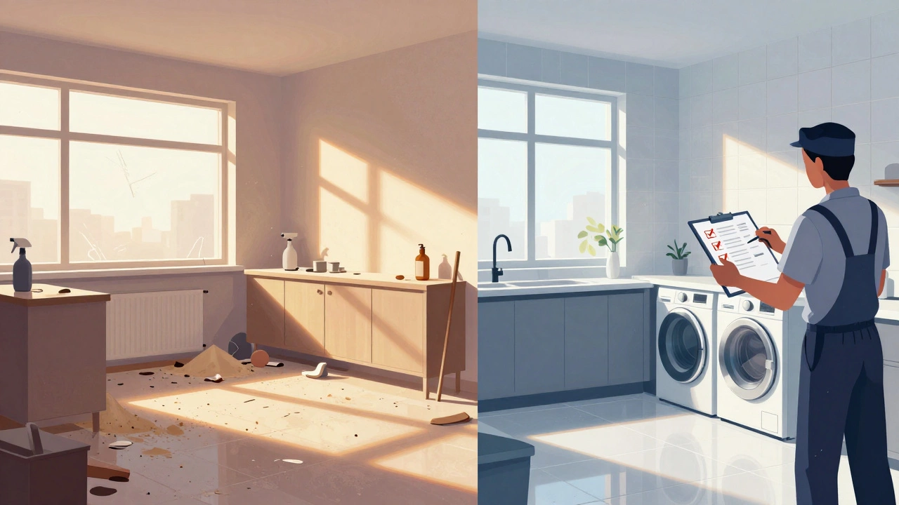 Сравнение грязной квартиры после ремонта и идеально убранной — профессиональный клининг превращает хаос в чистоту.