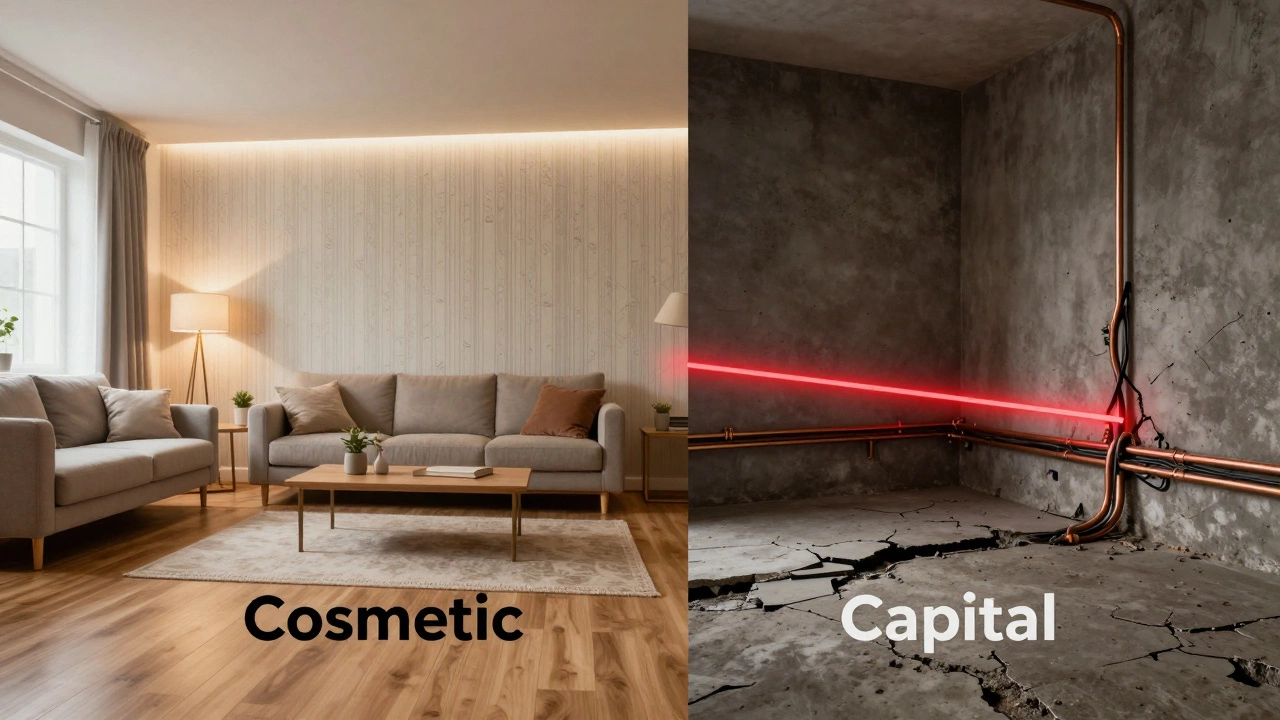 Сравнение: красивая комната сверху и разрушенные коммуникации снизу.