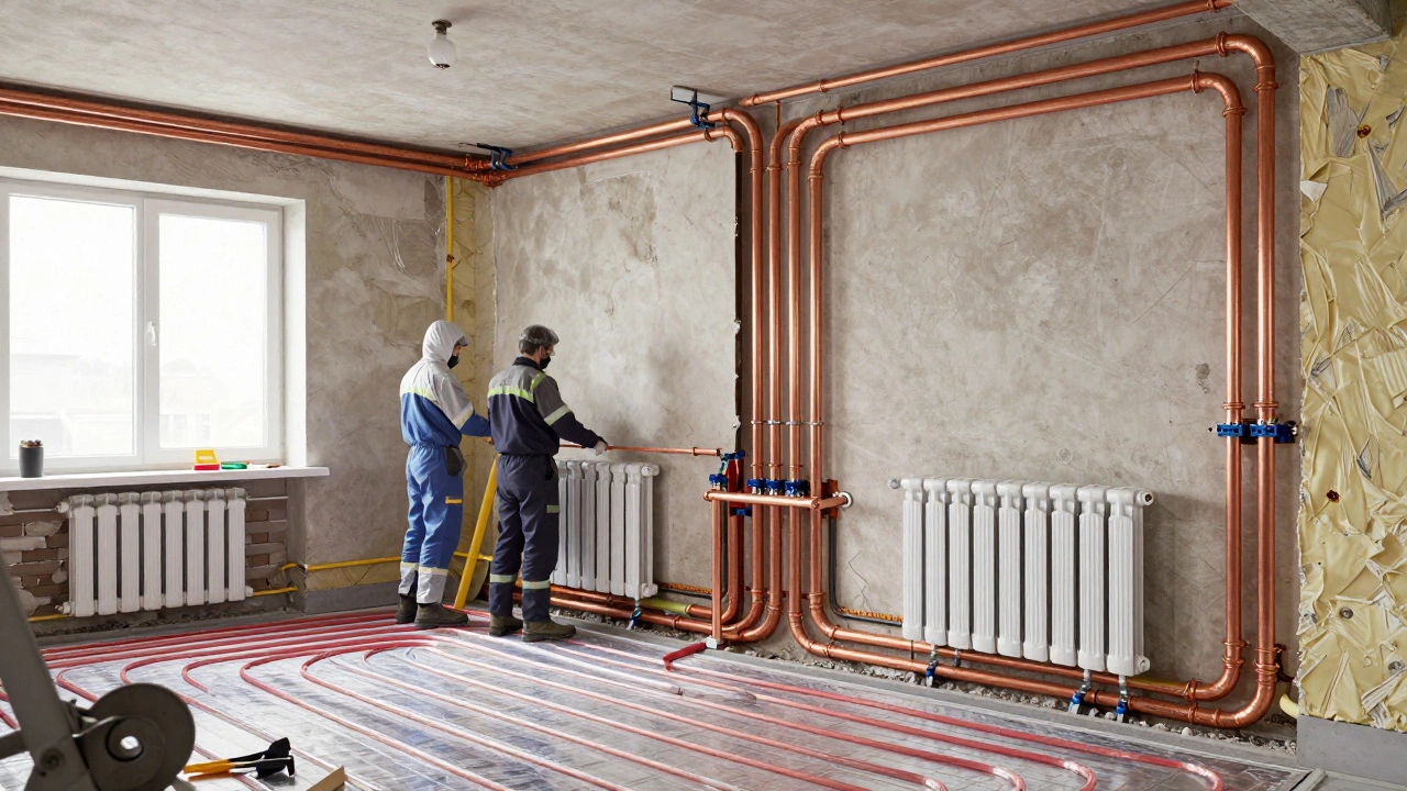 Замена инженерных систем: рабочие убирают старые трубы и провода, устанавливают новые коммуникации.