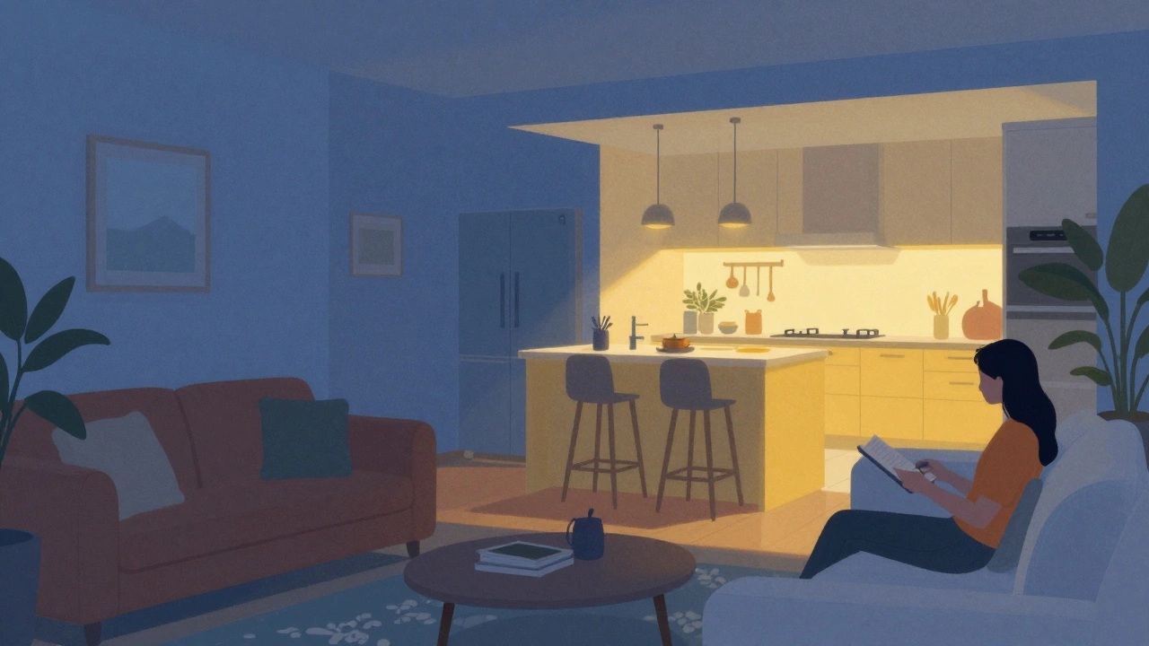 Жилая зона с цветами, влияющими на настроение: синие стены и жёлтые акценты при тёплом освещении.