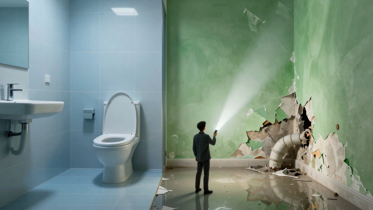 Два сценария одной ванной: слева — идеальный ремонт с скрытой гидроизоляцией, справа — разрушенный потолок и протекающая труба, человек освещает повреждения фонариком.