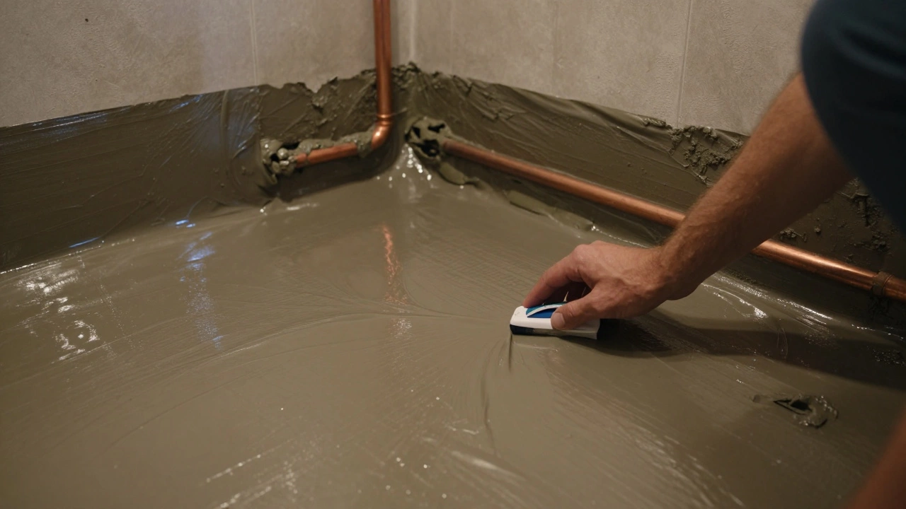 Гидроизоляция в ванной: два слоя водонепроницаемого покрытия на полу и стенах.