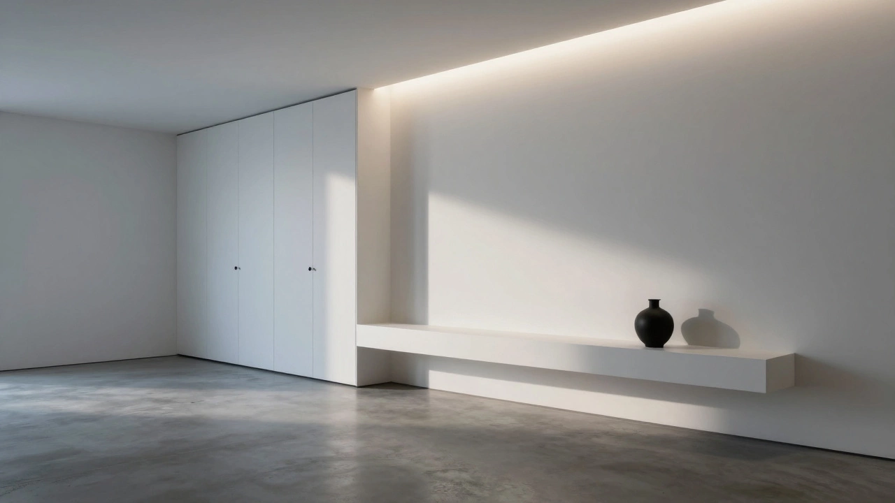 Минималистичная комната с бетонным полом, встроенными шкафами без ручек и скрытой подсветкой, без декора.