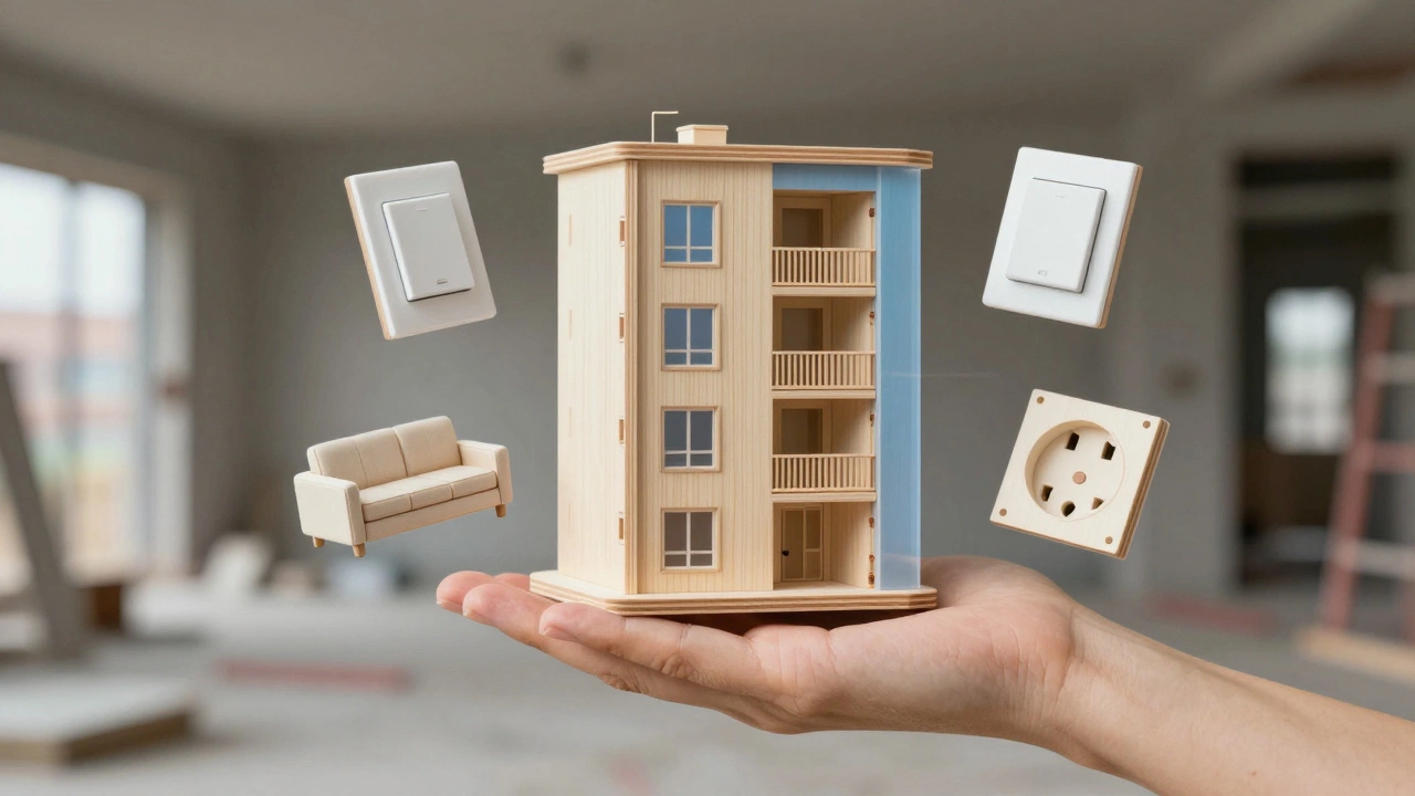 Модель квартиры с накладкой идеального дизайна, окруженная элементами интерьера в воздухе.