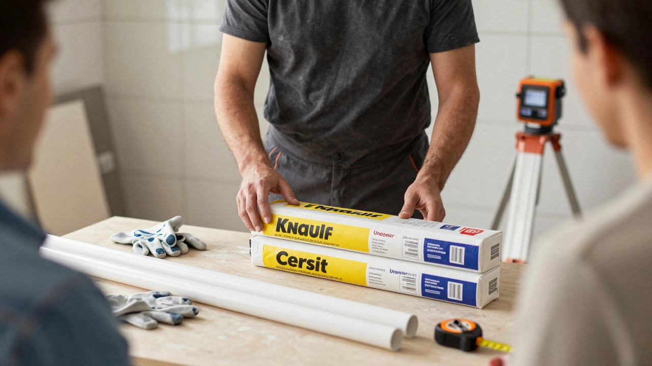 Подрядчик показывает клиенту упаковки строительных материалов: Knauf, Ceresit, Uponor.