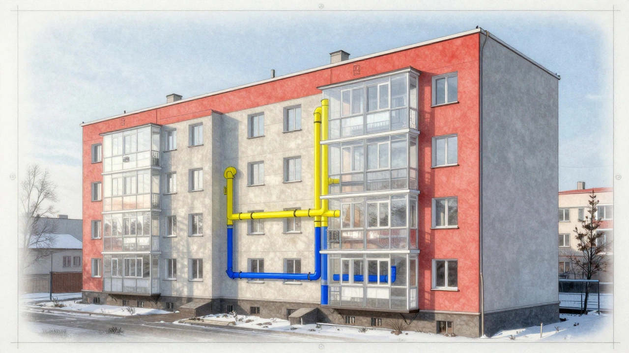 Прозрачный разрез панельного дома с выделенными несущими стенами, вентиляцией и трубами на фоне архитектурного чертежа.