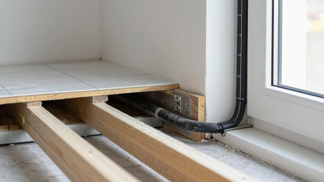 Разрез стены с скрытыми инженерными системами: утепление, проводка и уплотнитель окна.