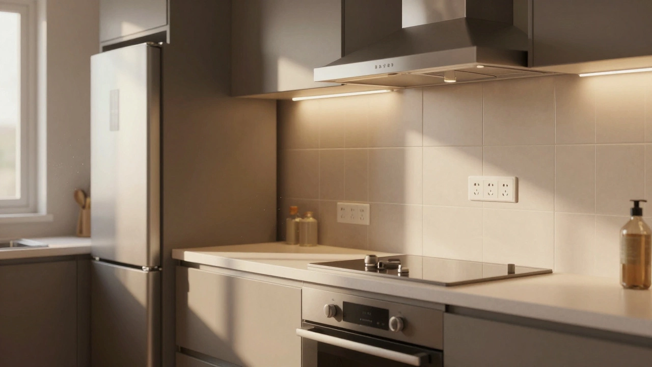 Реалистичная кухня с правильно размещёнными розетками, светом и керамической плиткой, освещённая мягким северным светом.