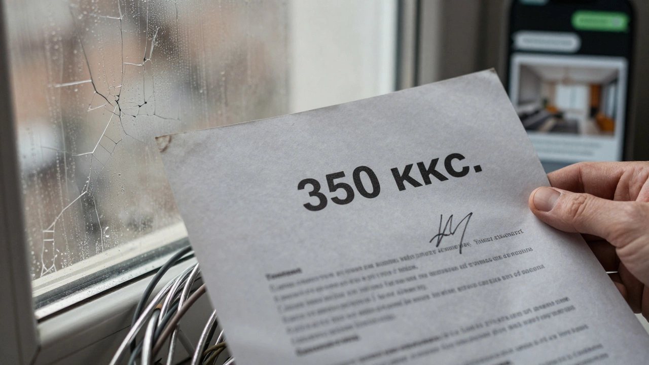 Рука держит подписанную бумагу рядом с треснувшим окном и запутанными алюминиевыми проводами, на фоне — смутные изображения чата в WhatsApp.