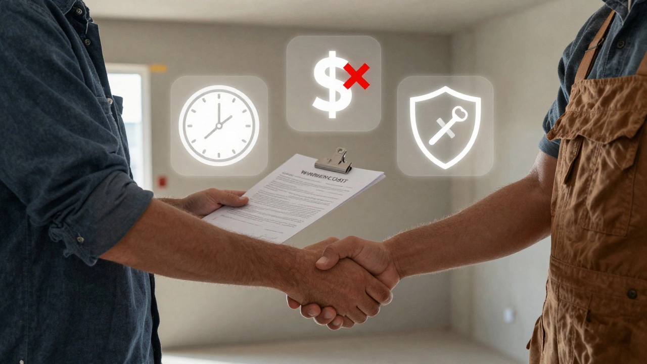 Руки заключают сделку над договором, вокруг — символы сроков, гарантий и качества ремонта.